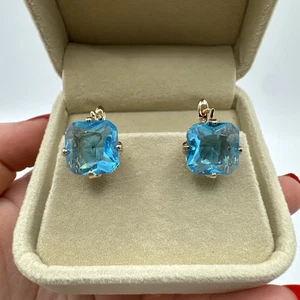 Pendientes colgantes de pasta azul aguamarina oro laminado de 14 quilates unidos con sello 585RG - Imagen 1 de 6