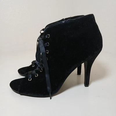 Lauren Conrad Runway黑色天鹅绒4英寸系带露趾高跟鞋女式9.5米#A4 — 第 1/4 张图片