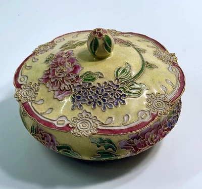 Caja de baratijas de cuenco cubierto redondo Cloisonne chino vintage Foto 1 de 4