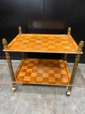 Carro de barra de husillo de mediados de siglo raro - Bandejas de madera de 2 niveles, diseño MCM Foto 1 de 4