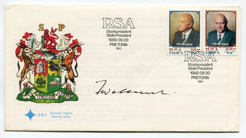 South Africa F W DE KLERK Inauguration 1989 FDC-Super Rare Signed-Nobel Laurette Cover