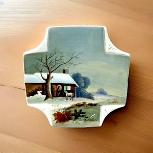 Antique Handkerchief Plate Trinket Dish Winter Landscape Hand Painted Porcelain - Picture 1 of 12