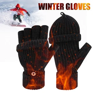 Winter Thermal Knitted Convertible Fingerless Gloves Warmer Mittens Women Men - Picture 1 of 12