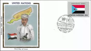Yemen Democratic National Costume Dress Flag Map UN Gold Folio Silk FDC 1987 - Picture 1 of 1