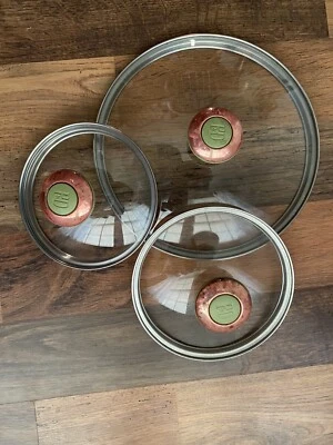 Paula Dean Pan Lids Glass Copper Green Knob Set Of 3 Sizes 10” 7” 6” Foto 1 de 4