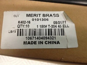 Qty 10 Merit Brass K402-16 45 Deg ELL 1" 150# T-304 SS Pipe Fitting - New NIB - Picture 1 of 6