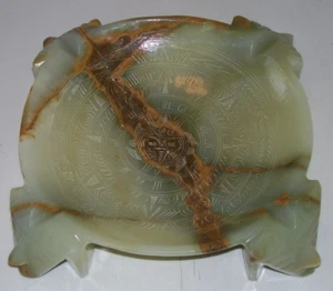 Vintage Lime Green 8" Marble Ashtray Aztec Carved Heavy Home Decor - Picture 1 of 12