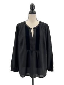 LOFT Womens Blouse Black Plus Size 18 1X Swiss Dot Velvet Panel Long Sleeves