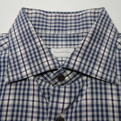 Camisa de vestir Ermenegildo Zegna para hombre puño francés popelina 44/17,5 azul a cuadros Foto 1 de 4