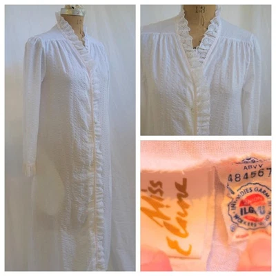vtg 80s MISS ELAINE  White Seersucker Snap Front Lounge House Dress Robe ILGWU S - Image 1 of 4