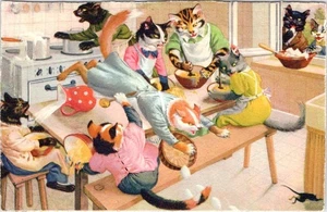 Max Kunzli DRESSED CATS #4676 Kitchen Chaos ANTHROPOMORPHIC Switzerland Postcard - Picture 1 of 2