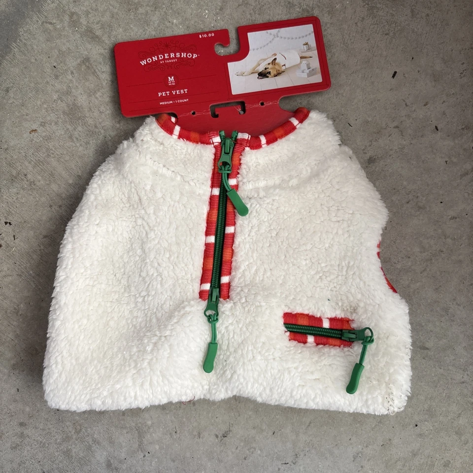 NWT Pet Dog Sweater Medium Ivory Sherpa Red Trim Green Zippers Wondershop Target - Image 1 of 1