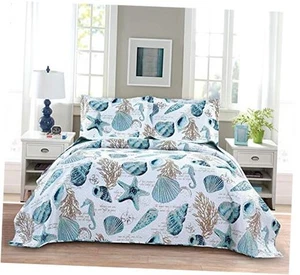 Colcha reversible de 3 piezas con tema náutico completa/queen cian - Imagen 1 de 8