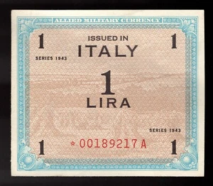 ITALY 1 Lira 1943 Replacement/ Star PICK# M10b* AU (CRISP)  ****STAR***** (RARE) - Picture 1 of 2