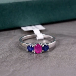 Ruby & Sapphire Gemstone Ring 925 Sterling Silver Solitaire Ring Engagement Ring - Picture 1 of 11