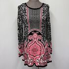 Style Co Tunic Sweater Size M Pink Black Rayon Long Sleeve Paisley Fleur De Lis