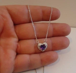 HEART NECKLACE PENDANT W/ LAB DIAMONDS & AMETHYST / 925 STERLING SILVER /18'' - Picture 1 of 8