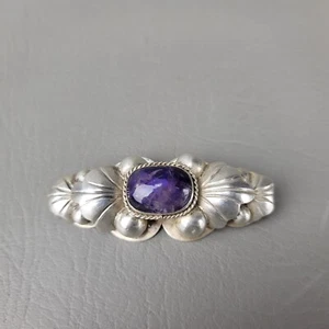 Vintage Mexico Sterling Silver Amethyst Pin Brooch w/ Unique Sweater Prongs LG - Picture 1 of 7