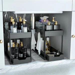 Under Sink Organizer 2 Pack, 2-Tier Sliding Basket for Bathroom Cabinet (Black) - Picture 1 of 9