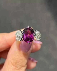 14K White Gold 6.18Ct Oval Natural Rhodolite Garnet Diamond Wedding Ring Size 7 - Picture 1 of 7