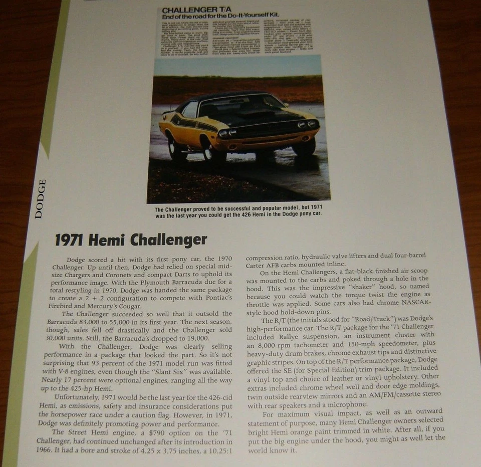 Dodge Hemi Challenger 1971 especificaciones información foto 71 426 T/A Foto 1 de 1