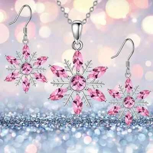 3 Pcs Silver Toned Snowflake Earrings & Necklace Set PInk White Rhinestones - Picture 1 of 4