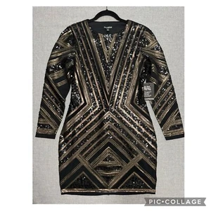 Abito con paillettes Express M cocktail body geometrico nero oro art deco bling - Foto 1 di 15