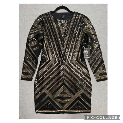 Express M Sequin Dress Cocktail Bodycon Geometric Black Gold Art Deco Bling - Image 1 of 4