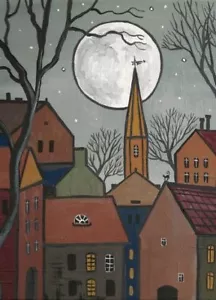ACEO RYTA GATTO NERO CASA LUNA HALLOWEEN STILE VINTAGE arte popolare paesaggio luna - Foto 1 di 1