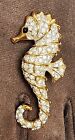 SWAROVSKI Pave Set Crystal 22K Gold Plated SEAHORSE Pin Brooch SWAN Logo 1 3/4"