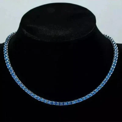 Round Cut Blue Sapphire Lab Created Necklace 14K White Gold Plated 20" 8 mm - Image 1 of 4