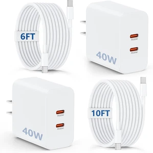 40W Dual USB-C Fast Charger with 10Ft & 6Ft Cables for iPhone, Samsung 2-Pack - Picture 1 of 14