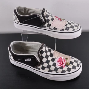 Vans Checkerboard Rose Embroidered Slip-On Shoes Women’s Size 6.5 Black White - Picture 1 of 10