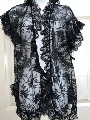 De colección Años 90 Fredericks Of Hollywood Negro Transparente Encaje Bata Lencería Volantes Corbata Foto 1 de 4