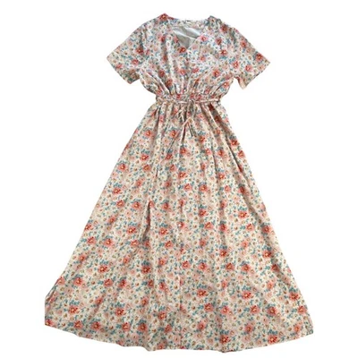 Live Cloth Dress Large Pink Blue Floral Maxi Smocked Waist Tie V-neck Button Up - Image 1 of 4
