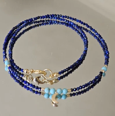Gargantilha de lápis-lazúli natural e turquesa azul delicado colar de contas lua dourada - Imagem 1 de 4