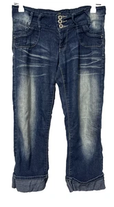 Angels Jeans Juniors 7 Vintage Y2K Distressed Wash Cuff Capris Urban Streetwear - Picture 1 of 7