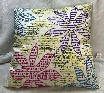 Pier 1 One Imports Floral Pillow Sequined 17" x 17" Square Multicolor Zip Cover - Image 1 of 4