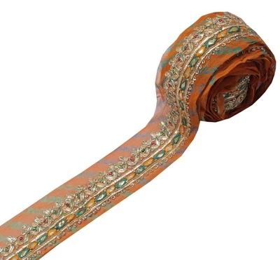 Sushila Vintage Mustard Saree Border Indian Craft Sewing Trim Hand Beaded Lace - Image 1 of 4