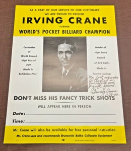 IRVING CRANE Exhibition Billiard / Pool Poster - Vintage - Brunswick BCA HOF - Picture 1 of 6