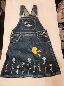 Vintage Looney Tunes Tweety mit Blumen Denim Kleid Strampler Größe 14 Mädchen 1999 gebraucht, in einwandfreiem Zustand - Bild 1 von 8