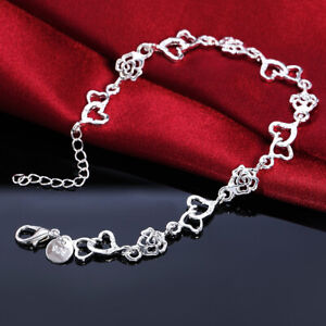 925 sterling Silver Heart Chain Bracelet for women wedding cute Lover lady nice
