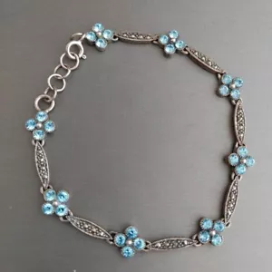 Sterling Silver Aqua Rhinestone Bracelet Quatrefoil Flowers Links 7.5” -8” - Picture 1 of 6