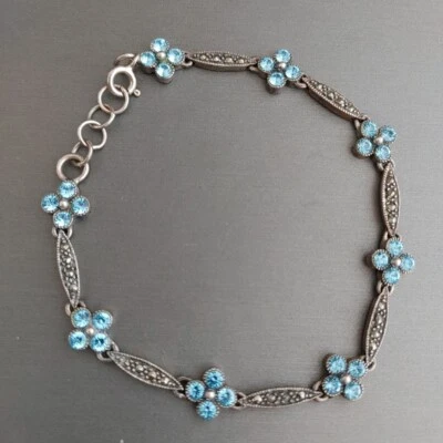 "Pulsera de plata esterlina con diamantes de imitación de aguamarina eslabones de flores de cuatro hojas 7,5"" -8""" Foto 1 de 4