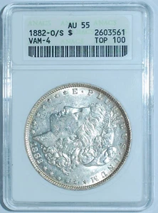 1882 O/S Strong ANACS AU55 VAM-4 Recessed Morgan Silver Dollar - Picture 1 of 3