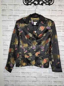 MetroStyle Women's Blazer Jacket Sz 8 Asian Style Black Floral NWOT Satin Button - Picture 1 of 14