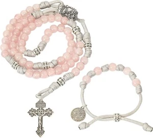 Juego resistente de brazalete San Benito con cuentas naturales rosario paracord de cuarzo rosa - Imagen 1 de 6