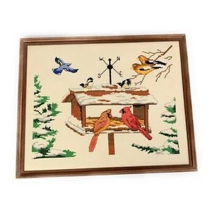 Winter Bird Feeder Completed Cross Stitch Cardinal Chickadee Framed Batted 21x17 - Picture 1 of 9