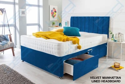 BEDBUSTERSUK VELVET MEMORY FOAM DIVAN BED SET WITH MATTRESS HEADBOARD 3FT 4FT6 Double 5FTKing