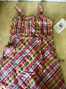 4 girl sundress & wedge sandals K C PARKER pink, green plaid side zipper, lined - Picture 1 of 7